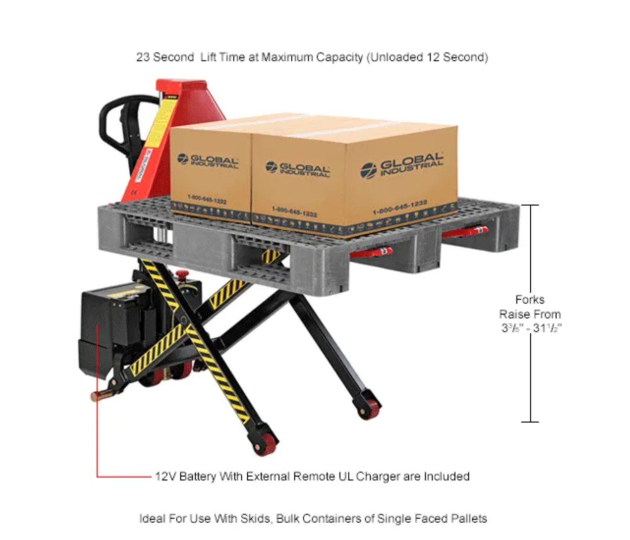 Global Industrial™ Battery Powered High-Lift Skid Truck, 3300 lb. Capacity, 21"W x 44"L Forks
